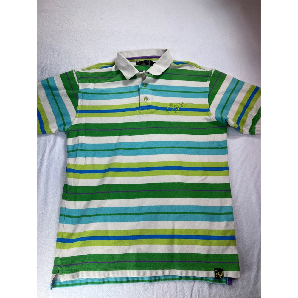 Coogi Mens Striped Polo Shirt Large Green Blue White Short Sleeve Pique Knit